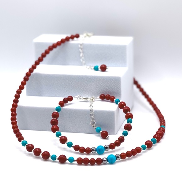 Red Coral & Turquoise Choker Necklace - Picture 8 of 10